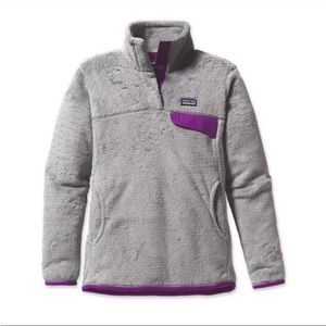 Gray Patagonia pullover with purple trim size medium